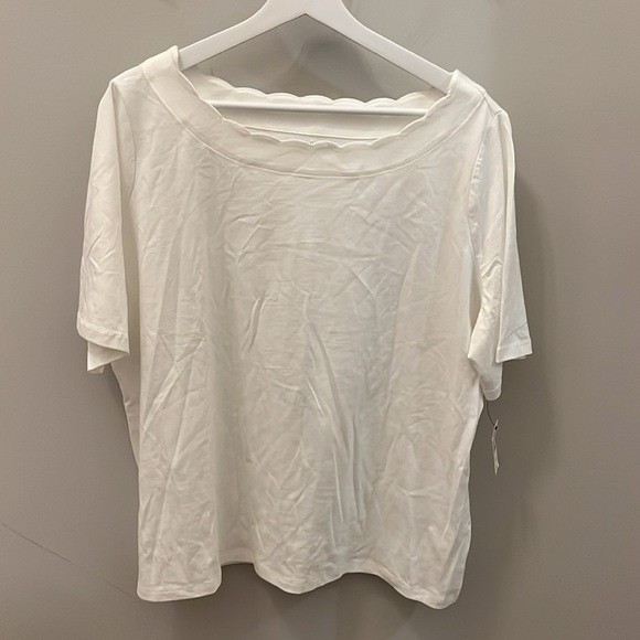 Two 2 Scalloped Neck Tee Shirts 100% Pima Cotton Size 2X White NWT Striped Green - Picture 5 of 12